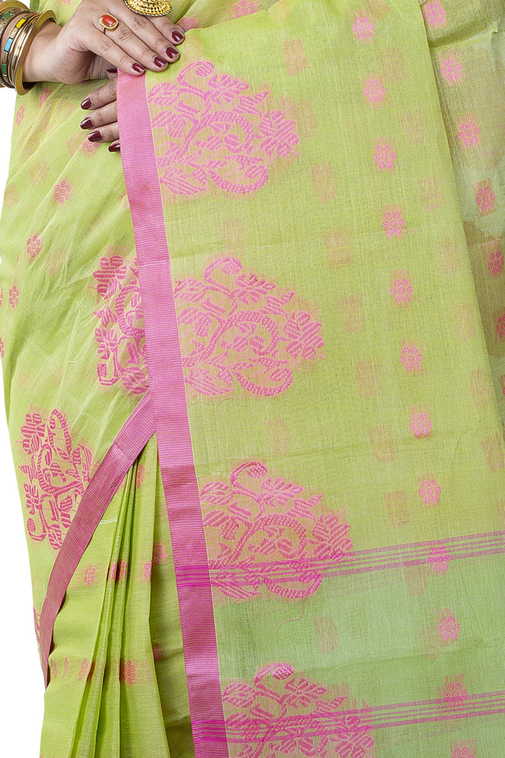 Olive Green Pure Cotton Botgach Tant Saree (541)